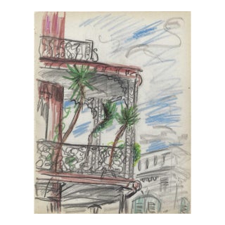1940s Grace Spongberg Chartres Street Ironwork New Orleans Drawing For Sale