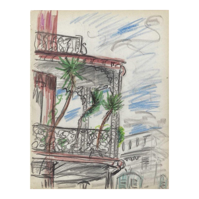 1940s Grace Spongberg Chartres Street Ironwork New Orleans Drawing For Sale