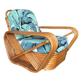 1930s Restored Paul Frankl Style Pretzel Rattan Lounge Chair, Beverly Palms Cushions For Sale