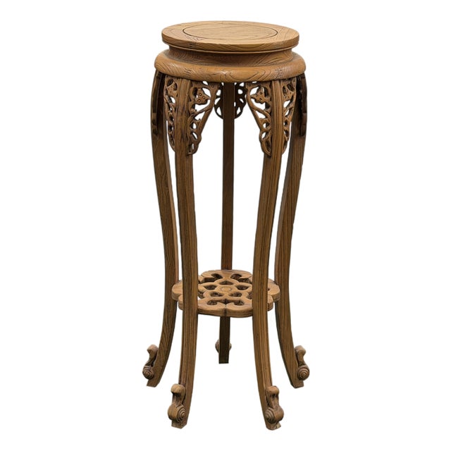 Oriental Vintage Style Light Brown Wood Plant Stand Pedestal Table For Sale