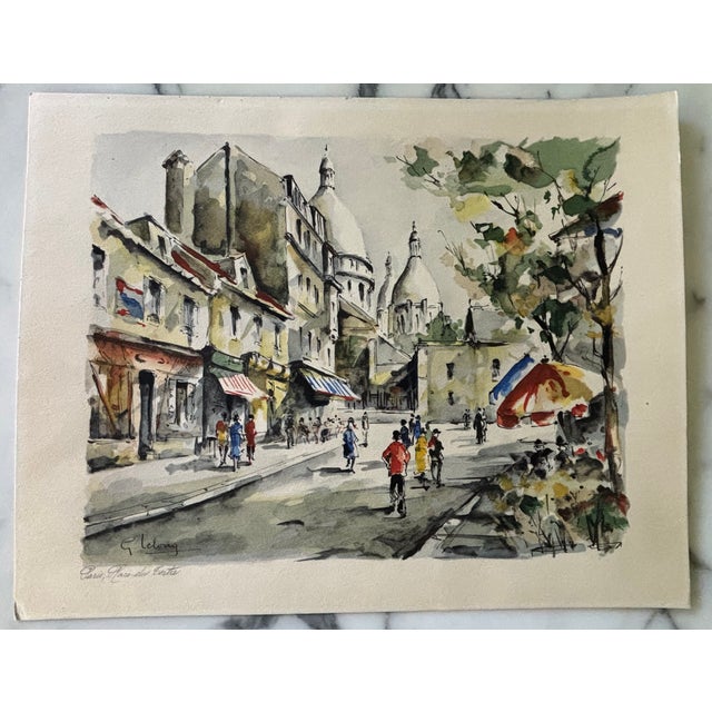 French Mid-20th Century Parisian View of Paris Watercolor Print by Artist G. Lelong For Sale - Image 3 of 15