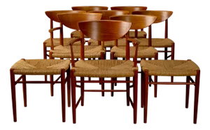 Model 317 and 316 Dining Chairs and Stools by Hvidt and Mølgaard-Nielsen for Søborg Møbelfabrik, 1950s, Set of 10