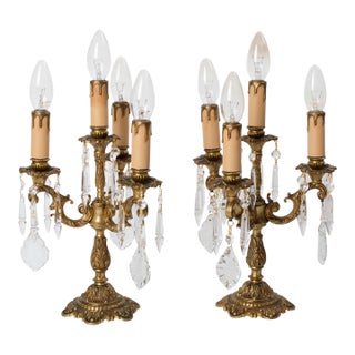 1930s Brass Candelabra Style Table Lamp With Crystals - A Pair For Sale
