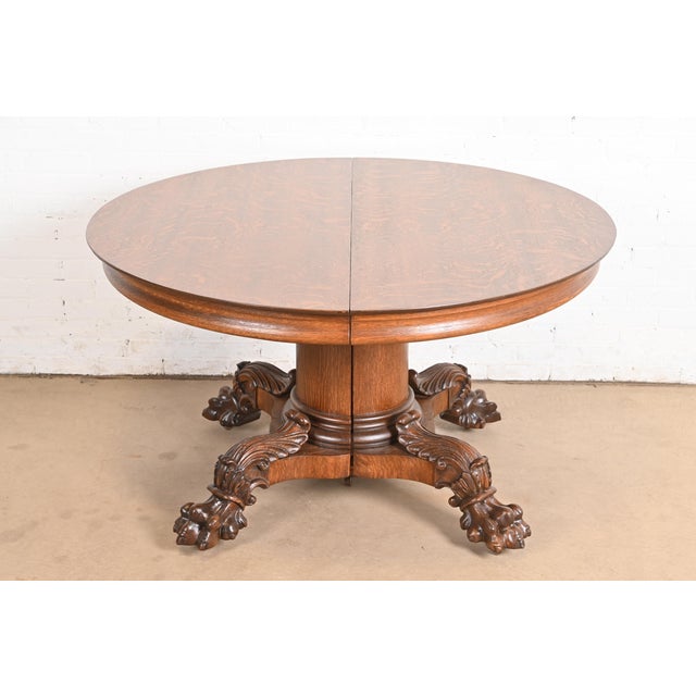 George C. Flint Co. Antique Victorian Oak Split Pedestal Extension Dining Table With Carved Paw Feet, Newly Refinished For Sale - Image 12 of 12