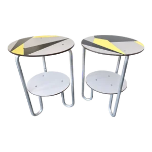 1980s Vintage Geometry Formica Marquetry and Metal Side Tables - a Pair