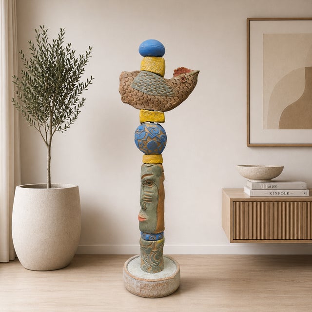 2020s Marc Zimmerman "Long Face Totem Sculpture 2" Glazed Ceramic, 62 Inches Tall, Elongated Face and Bird, Multi-Color Glaze, Contemporary Art West Coast For Sale - Image 5 of 6