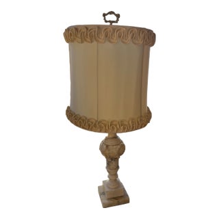 Vintage Detailed White Marble Table Lamp With Lampshade For Sale