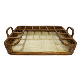Vintage Rattan Serving Tray With Glasses Caddy For Sale