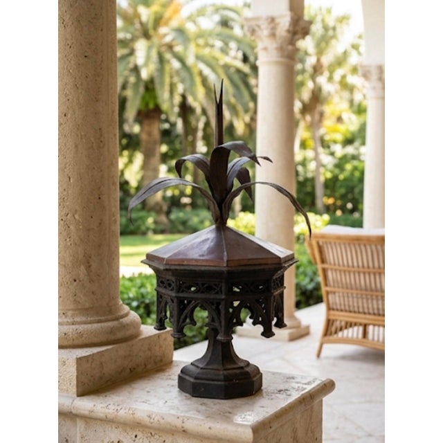 Pair of Vintage Neoclassical Cast Iron & Copper Architectural Finials With Wrought Botanical Agave Crests For Sale - Image 10 of 12