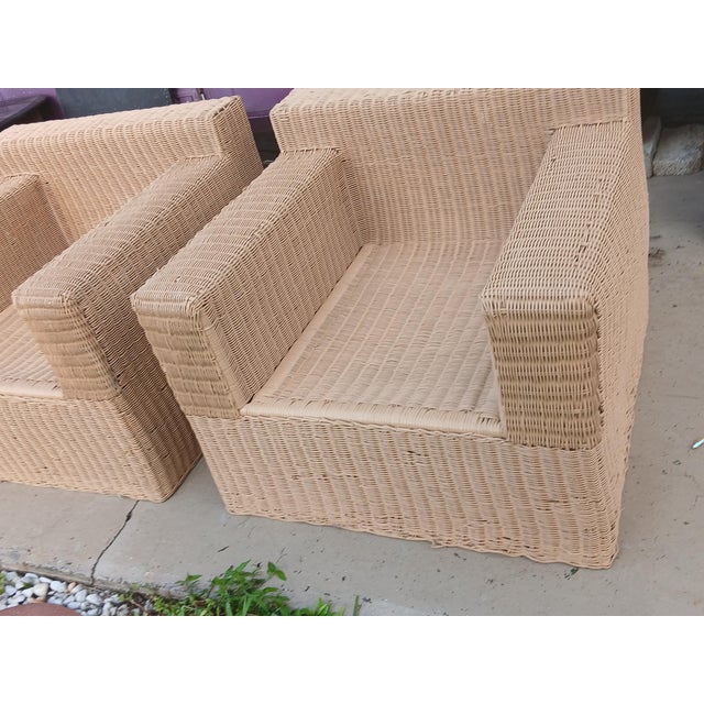 Mid-Century Modern Vintage Oversized Rattan Cube Chairs With Bamboo Frame - A Pair For Sale - Image 3 of 7