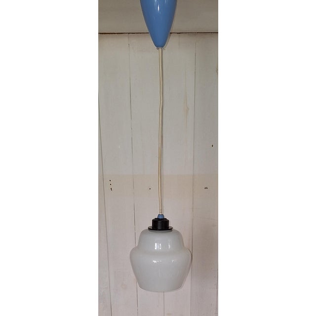 Vintage Ceiling Lamp with White Glass Shade on Black Plastic Mount, 1970s, in Very Good conditions. Designed 1970 to 1979...