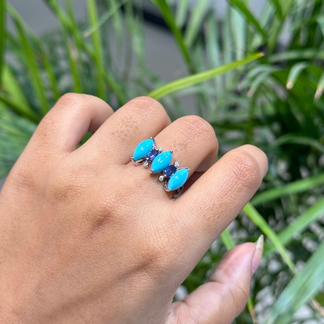 Contemporary 18k White Gold 3.31ct Turquoise, Blue Sapphire & Diamond Georgian Revival Ring Size 5 For Sale - Image 3 of 17