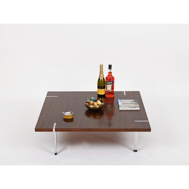 1970s Large Square Coffee Table in Rosewood and Chrome from Pizzetti, Italy, 1970s For Sale - Image 5 of 18