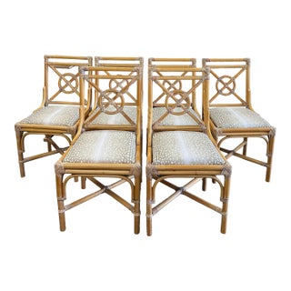 Late 20th Century Set of 6 French Blonde Rattan Target Dining Chairs in the Manner of McGuire, Newly Upholstered For Sale