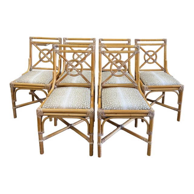 Late 20th Century Set of 6 French Blonde Rattan Target Dining Chairs in the Manner of McGuire, Newly Upholstered For Sale