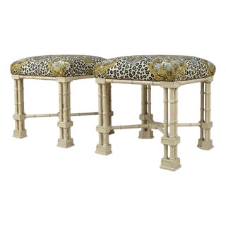 Chinese Chippendale Style Ottomans W/ Brunschwig Fils Leopard Chinoiserie - Pair For Sale