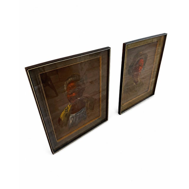 A striking pair of 1961 companion portraits on dark velvet, depicting an older man and woman, possibly husband and wife....