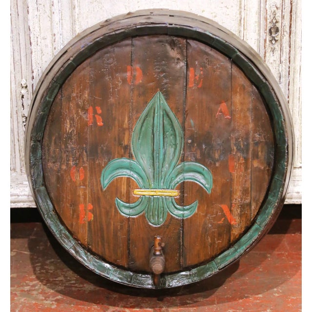 Late 19th Century 19th Century French Painted Oak Wine Barrel Front With Fleur-De-Lis Decor For Sale - Image 5 of 8