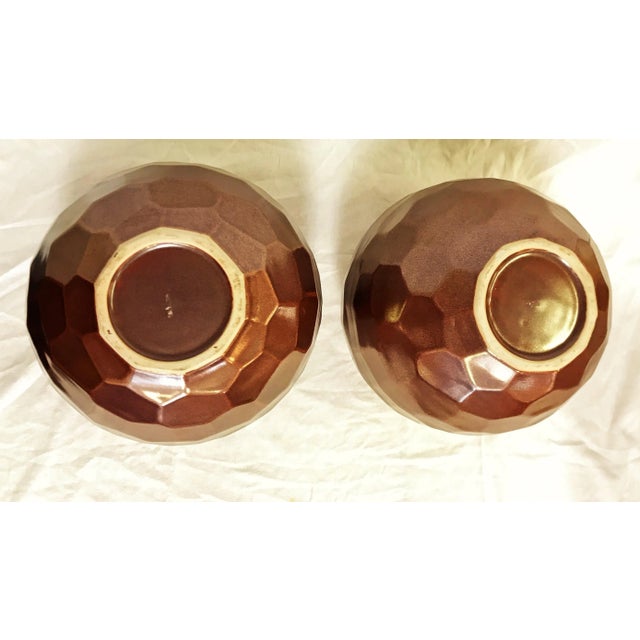 Copper Large Geometric Honeycomb Style Ceramic Vases With Copper Glaze- a Pair For Sale - Image 8 of 9