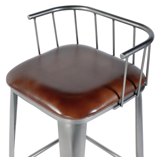 Coriander 31 in. Seat Height Leather & Iron Bar Height Stool with Back and Footrest, Brown Leather For Sale In Chicago - Image 6 of 8