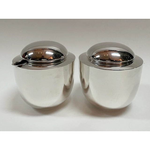 20th century sculptural silver plated brass creamer and sugar bowl set designed by Vivianna Torun Bülow-Hübe for Dansk...