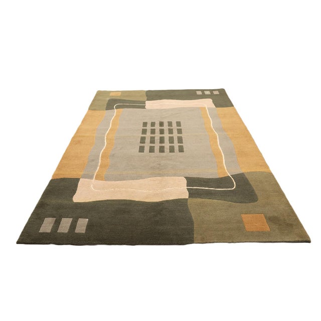 Arts & Crafts 6'x9' Hand-Knotted Modern Arts & Crafts Wool & Silk Geometric Rug in Green, Yellow & Ivory For Sale - Image 3 of 10