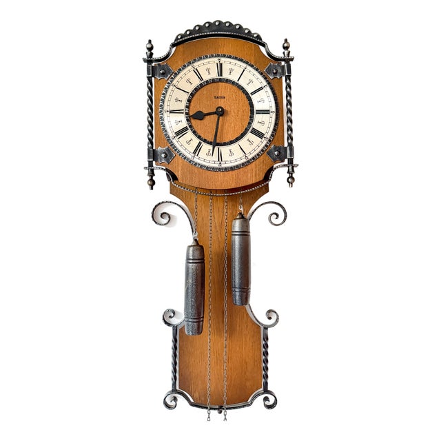 Vintage Hermle Wall Clock with Oak Case and Forged Metal Frame, 1960s For Sale