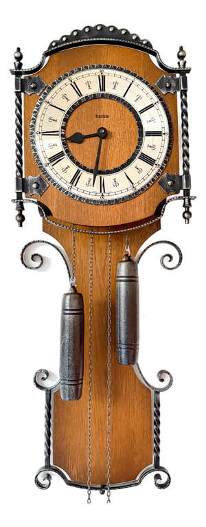 Vintage Hermle Wall Clock with Oak Case and Forged Metal Frame, 1960s