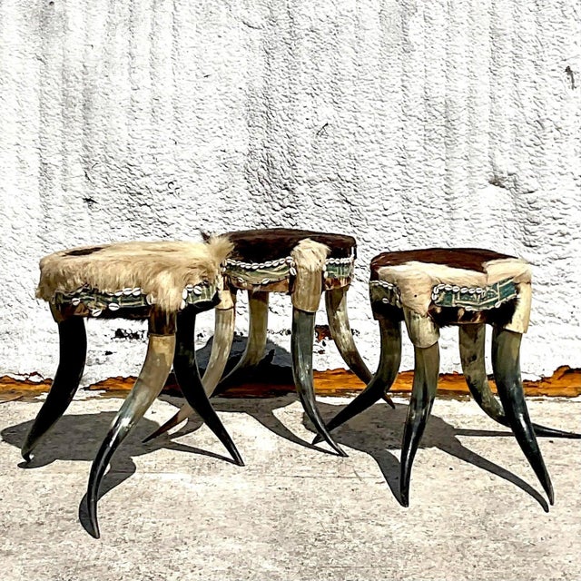 Bone Vintage Boho Horn Stools - Set of 3 For Sale - Image 7 of 10