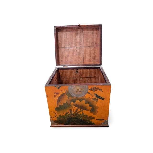 Vintage Chinese Lacquer Chest Trunk With Painted Lotus & Bird Motif, Calligraphy Interior For Sale - Image 11 of 13