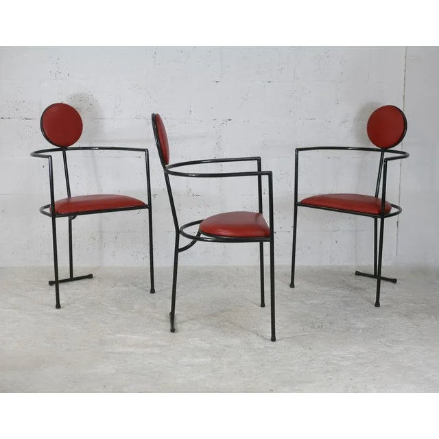 French Steel and Leather Armchairs, 1980s, Set of 3 For Sale - Image 18 of 18