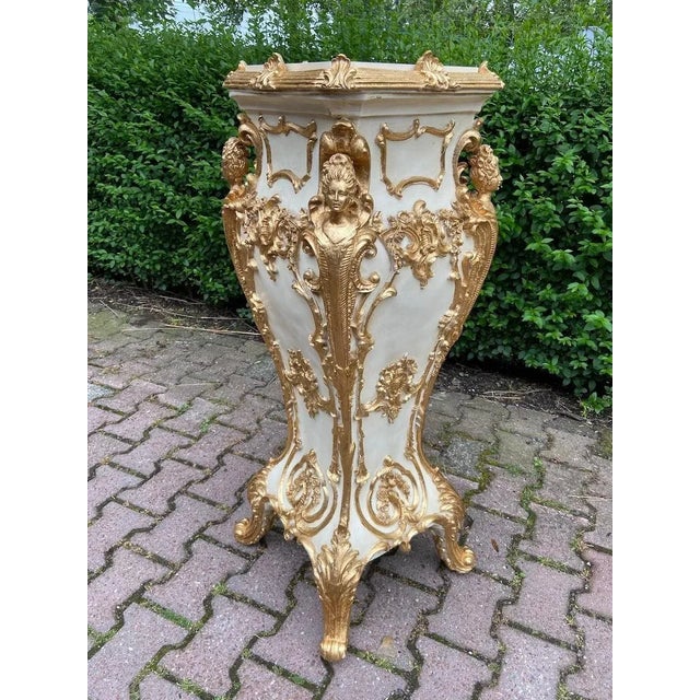 1990s Italian Baroque Cream and Gold Pedestal With Marble-Effect Top For Sale - Image 12 of 12