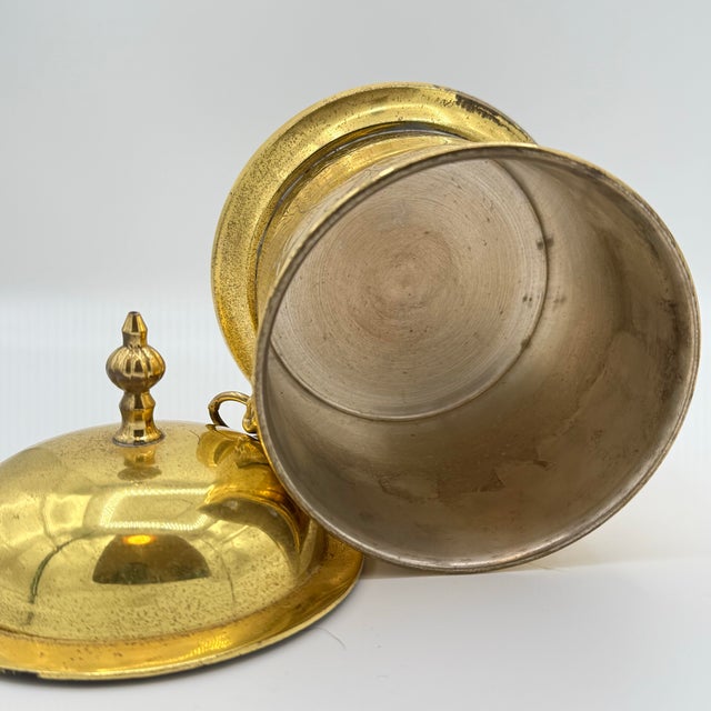 Antique Brass Tea Caddy With Lion Head Ring Handles, Engraved Décor, Domed Lid For Sale - Image 4 of 9