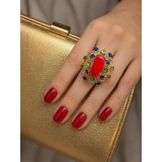 Baroque Bochic “Orient” Vintage Orange Opal, Emerald, Kyanite & Diamond Ring Set In 18K For Sale - Image 3 of 7