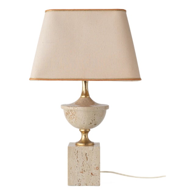 Mid-Century Italian Travertine and Brass Table Lamp attributed to Philippe Barbier, 1970s For Sale