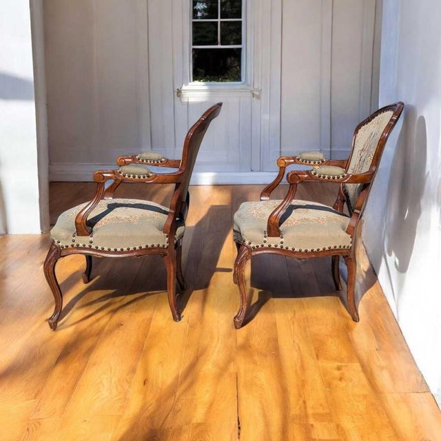 Early 20th Century Pair of Louis XV-Style Carved Wood Armchairs With Tapestry Upholstery For Sale - Image 4 of 17