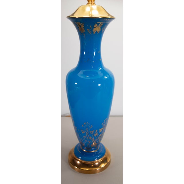 Glass 19th Century French Turquoise Opaline Glass Ormolu Table Lamps - Pair For Sale - Image 7 of 14