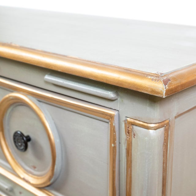 1990s Handcrafted Chest With Two-Toned Scrubbed Gray Painted Red Finish and Gold Leaf Accents For Sale In New York - Image 6 of 7