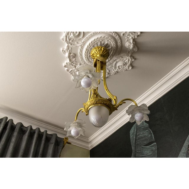 French Neoclassical Style Bronze and Frosted Glass Four-Light Chandelier, 1920 For Sale - Image 6 of 18