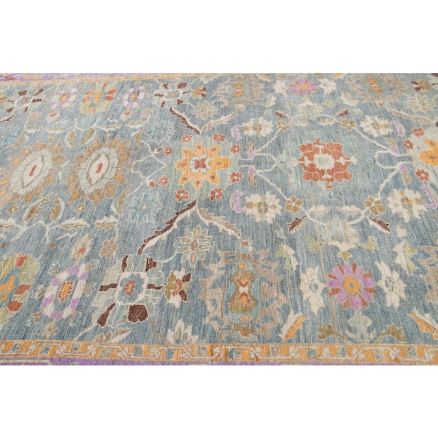 Modern Sultanabad Handmade Floral Motif Blue & Purple Wool Rug For Sale In New York - Image 6 of 7