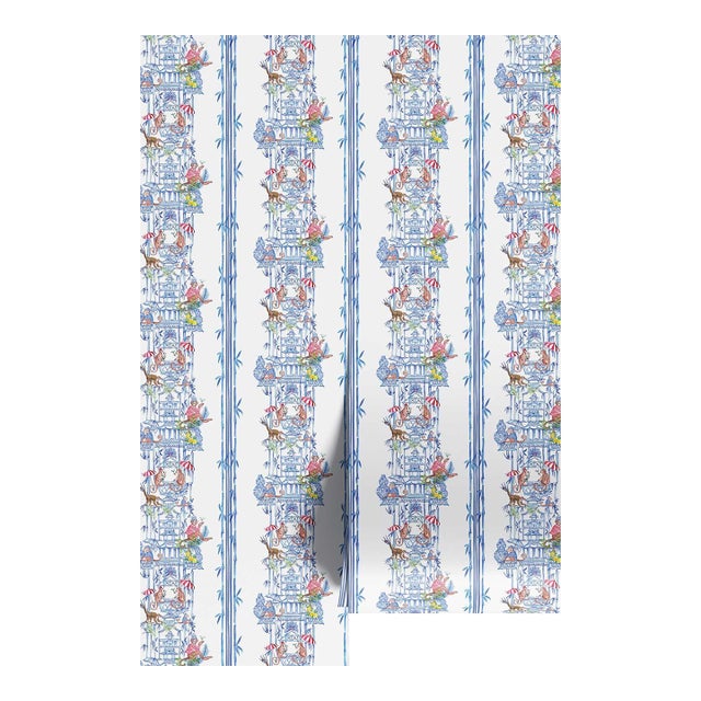 Chinoiserie Shenanigans Toile Grasscloth Wallpaper by House Party | Azure Blue | 6 Yards For Sale