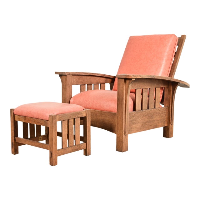 Stickley Mission Oak Arts & Crafts Reclining Morris Lounge Chair With Ottoman For Sale