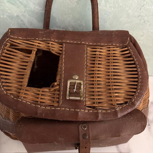 Antique fishing creel (basket). Made of wicker and leather. Front leather pouch with clasp. Canvas and leather crossbody...