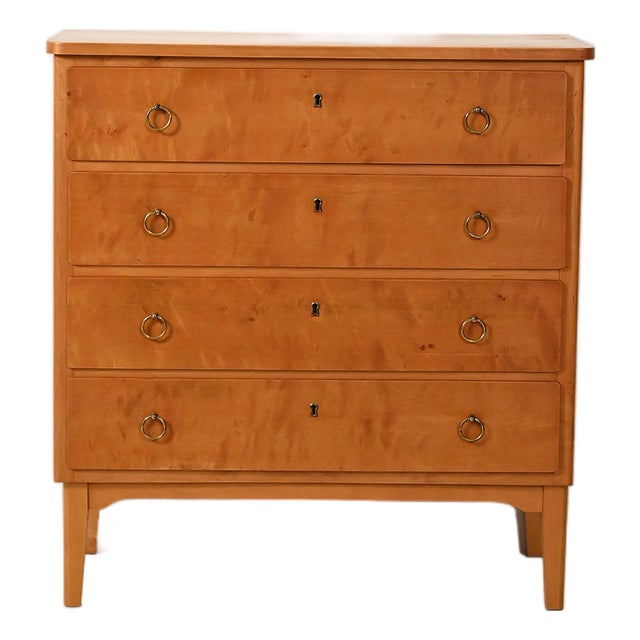 Scandinavian Birch Chest of Drawers with Brass Handles, 1950s For Sale