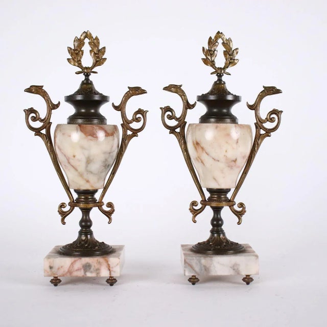 Marble & Bronze Clock with Cassolettes, Set of 3 For Sale - Image 12 of 13