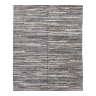 Modern Hand-Knotted Indian Wool Area Rug – Earth Tone Linear Stripe Design 12x15 For Sale