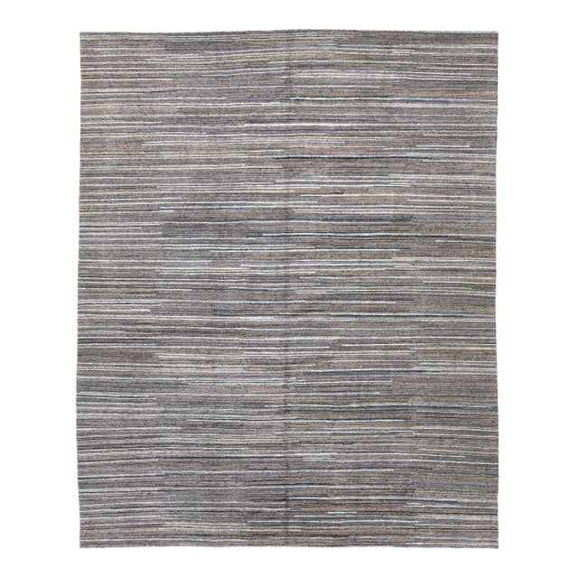 Modern Hand-Knotted Indian Wool Area Rug – Earth Tone Linear Stripe Design 12x15 For Sale