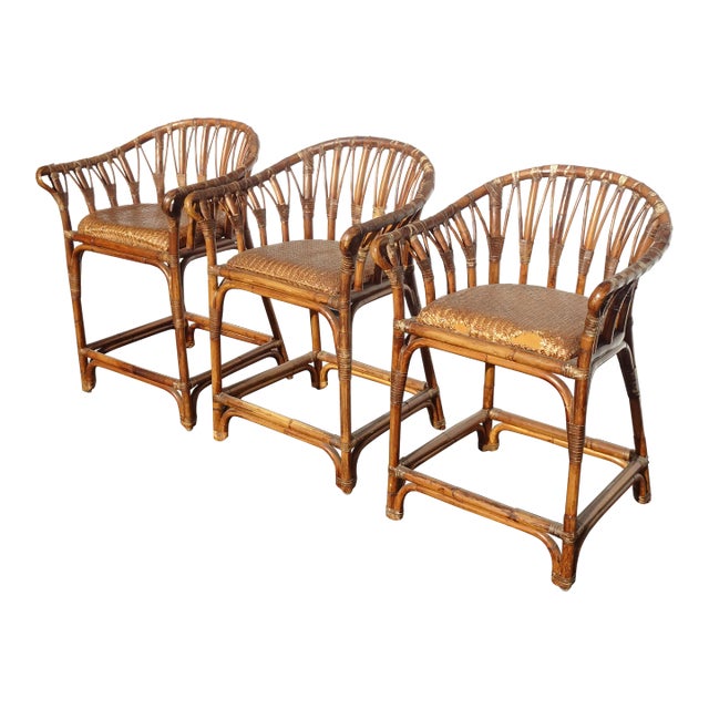 Set of Three Bamboo Barstools Brown Mid Century Palm Beach Style Bar Stools For Sale