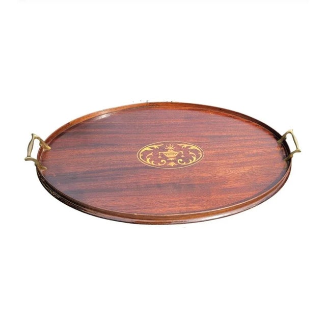 Wood English George III Mahogany Gallery and Inlay Serving Tray With Brass Handles For Sale - Image 7 of 9