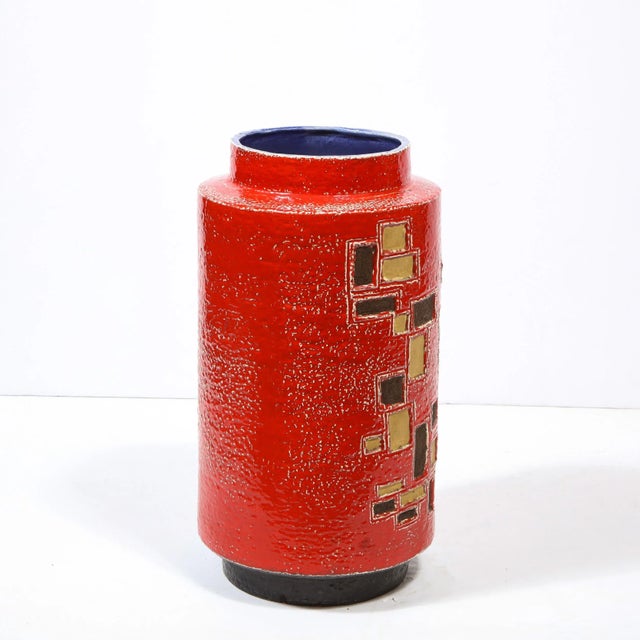 Mid-Century Modern Mid-Century Modern Scarlet Red Handpainted Umbrella Stand w/ Rectilinear Details For Sale - Image 3 of 12